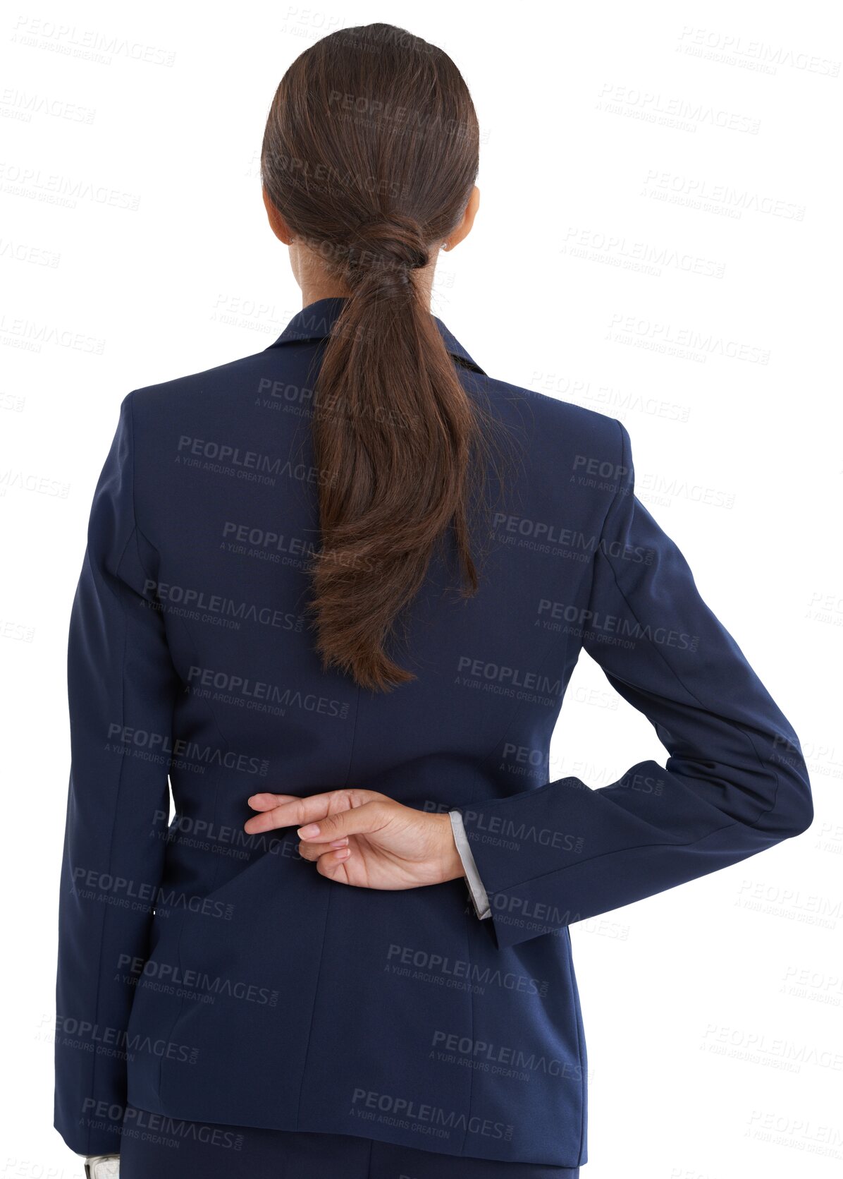 Buy stock photo Back, business and woman with wish in fingers crossed, good luck and new job for career development. Person, rear view and professional in suit with fraud and isolated on transparent png background