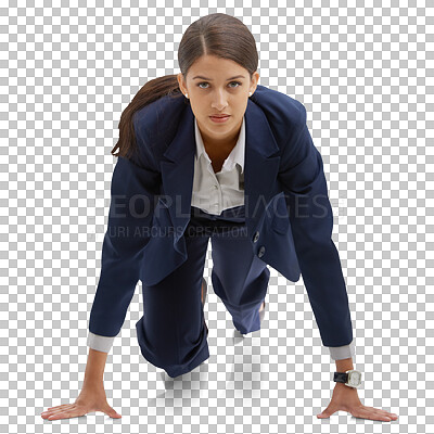 Buy stock photo Running, ready and portrait of business woman on isolated, png and transparent background. Corporate worker, professional race and person in set pose for competition, career contest and empowerment