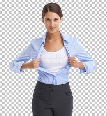 Buy stock photo Business, woman and superhero in shirt for portrait, attitude and confident professional in career growth. Young entrepreneur, face and positive ambition and isolated on transparent png background 