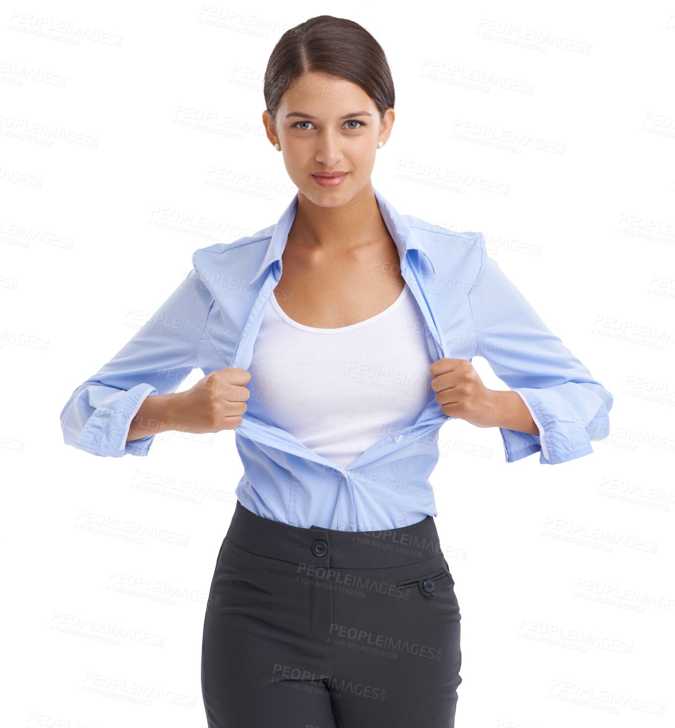 Buy stock photo Business, woman and superhero in shirt for portrait, attitude and confident professional in career growth. Young entrepreneur, face and positive ambition and isolated on transparent png background 