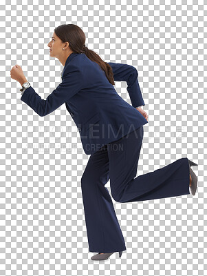 Buy stock photo Business, woman and running in suit, career progression and movement in work or job growth. Young professional, direction and wellness in confident action and isolated on transparent png background 