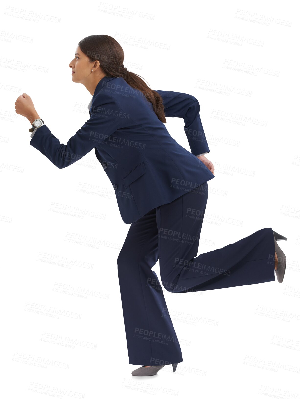 Buy stock photo Business, woman and running in suit, career progression and movement in work or job growth. Young professional, direction and wellness in confident action and isolated on transparent png background 