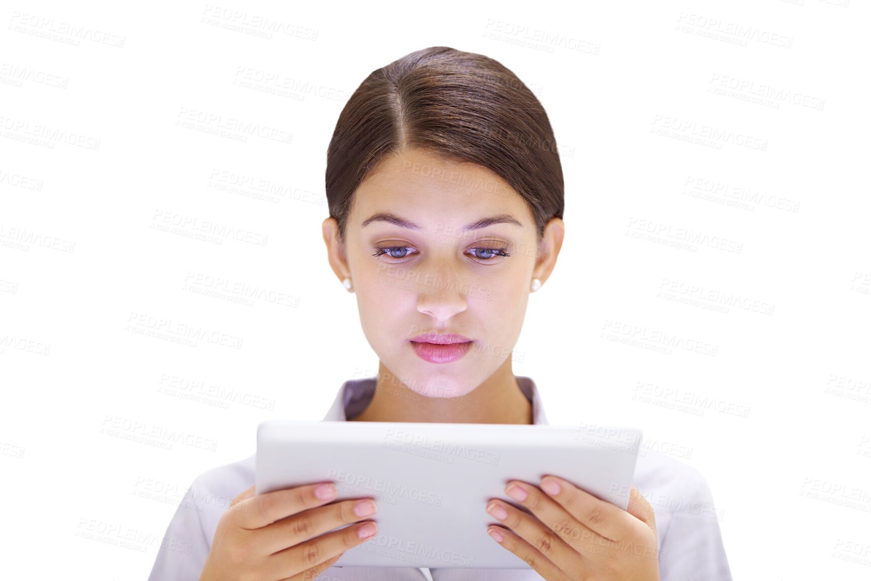 Buy stock photo Woman, reading and tablet in closeup for information, technology and face glow with hands on digital. Model, touchscreen and eyes with online light or iot and isolated on transparent png background 