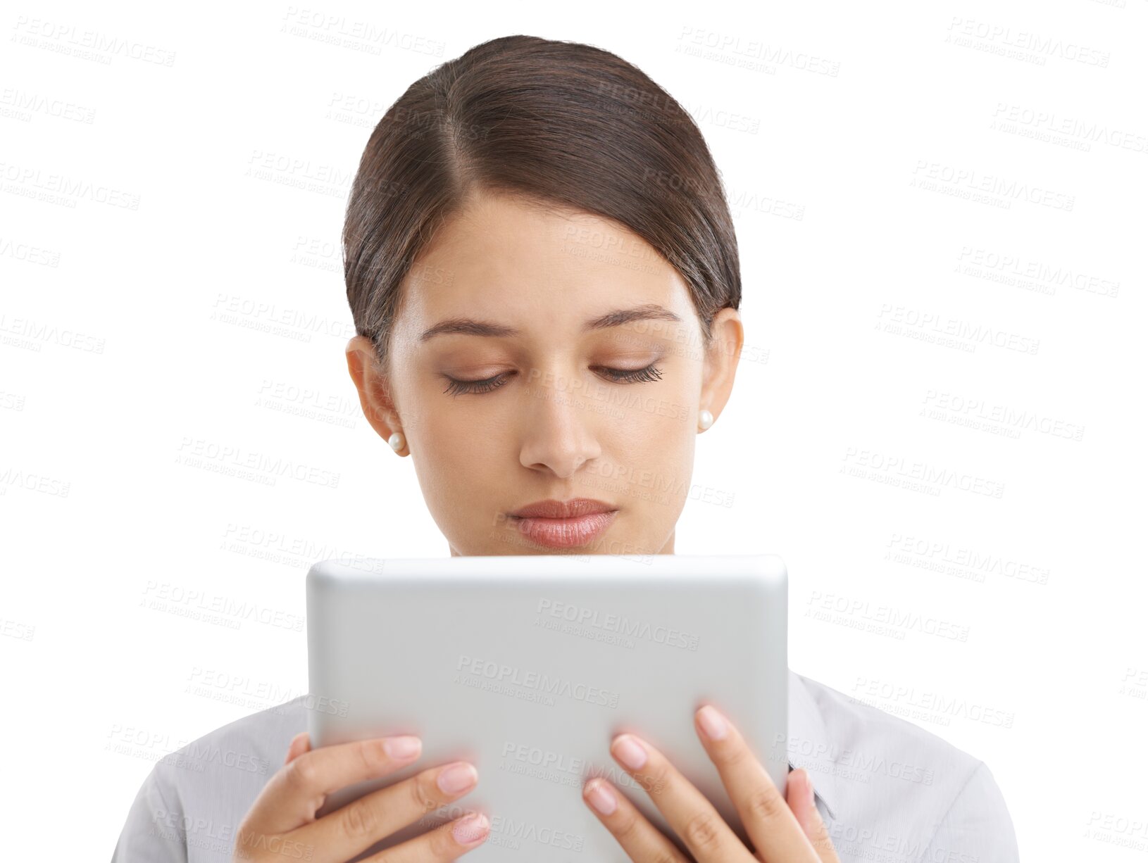 Buy stock photo Business woman, tablet and reading information, social media post or data analysis of marketing project. Young professional employee with digital technology or website on transparent, PNG background