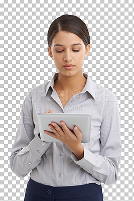 Buy stock photo Business woman, tablet planning and online information or human resource software of job management. Serious professional employee scroll or typing on digital technology on transparent PNG background