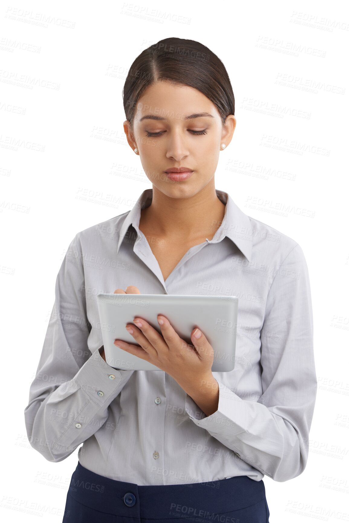 Buy stock photo Business woman, tablet planning and online information or human resource software of job management. Serious professional employee scroll or typing on digital technology on transparent PNG background