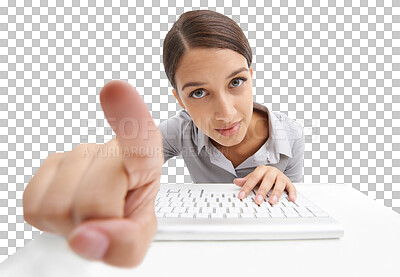 Buy stock photo Portrait, woman and leaning to touch keyboard and screen or information technology button for online connection. Model, face and focus for finger to switch and isolated on transparent png background 