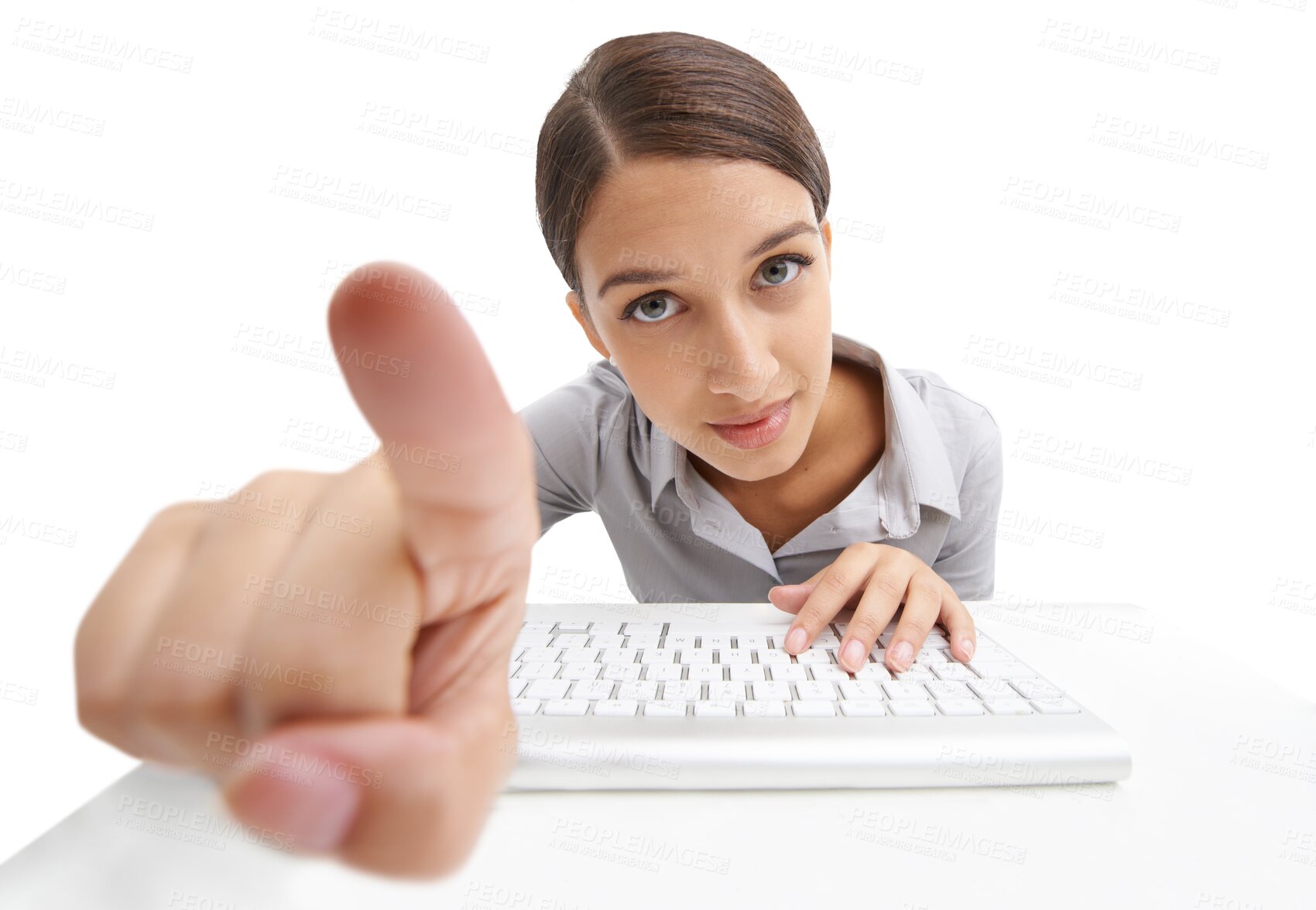 Buy stock photo Portrait, woman and leaning to touch keyboard and screen or information technology button for online connection. Model, face and focus for finger to switch and isolated on transparent png background 