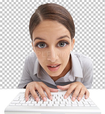 Buy stock photo Woman, hands and typing on keyboard, portrait and search for information technology with writing email. Professional worker, discovery and online with face and isolated on transparent png background