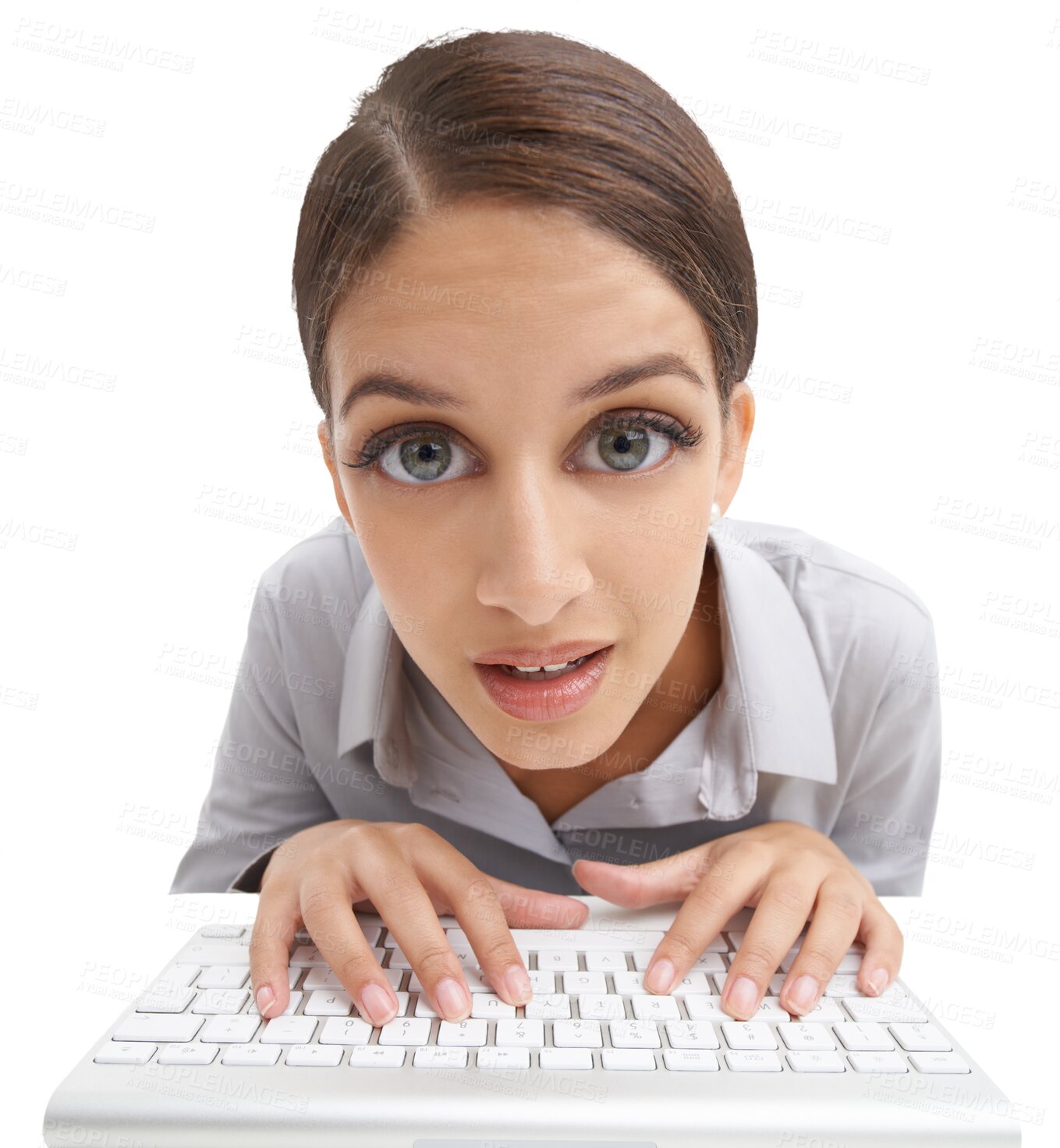 Buy stock photo Woman, hands and typing on keyboard, portrait and search for information technology with writing email. Professional worker, discovery and online with face and isolated on transparent png background