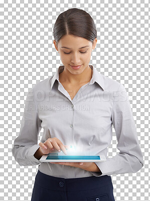 Buy stock photo Business woman, tablet and screen hologram of data analytics, digital software and marketing glow. Worker press, search or scroll with isolated or futuristic technology on transparent png background