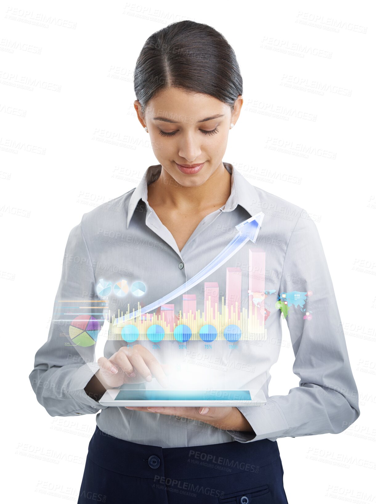 Buy stock photo Business woman, tablet and screen hologram of data analytics, statistics and financial sales, profit or increase. Analyst with charts, graphs and digital tech isolated on a transparent png background