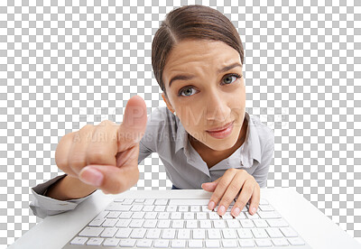 Buy stock photo Portrait, woman and face to touch keyboard and screen or information technology button for online connection. Model, leaning and focus for finger to switch and isolated on transparent png background 