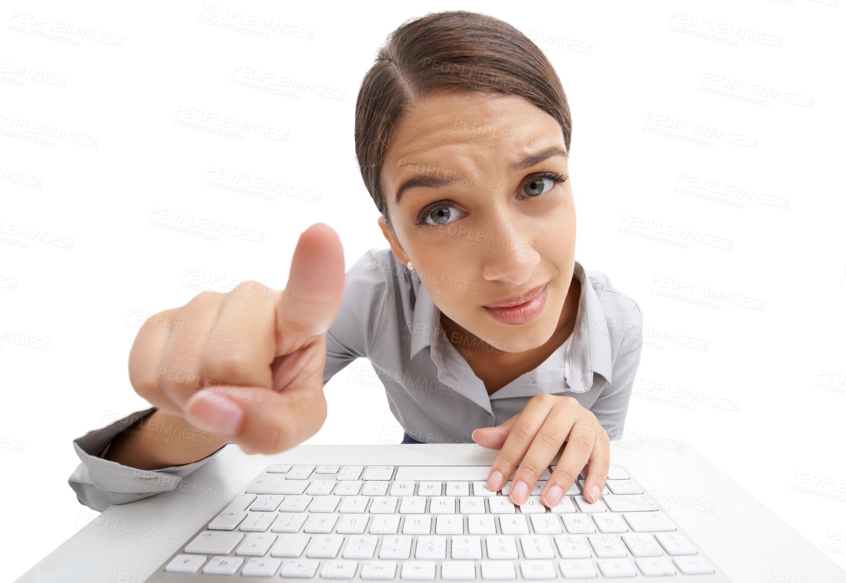 Buy stock photo Portrait, woman and face to touch keyboard and screen or information technology button for online connection. Model, leaning and focus for finger to switch and isolated on transparent png background 