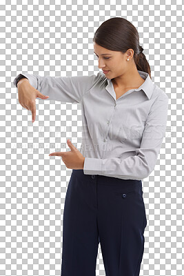 Buy stock photo Woman, pointing and promotion for advertising in business, corporate clothes and smile for marketing. Professional person, emoji or announcement in discount or isolated on transparent png background 