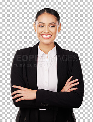 Buy stock photo Crossed arms, confidence and portrait of businesswoman on isolated transparent png background. Happiness, young and professional female corporate lawyer with face, elegant and woman for about us