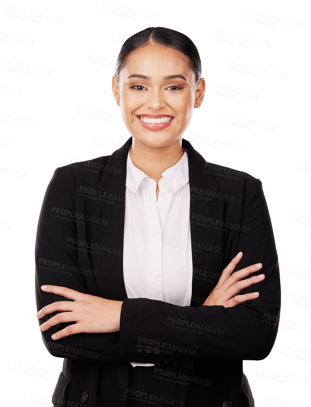 Buy stock photo Crossed arms, confidence and portrait of businesswoman on isolated transparent png background. Happiness, young and professional female corporate lawyer with face, elegant and woman for about us