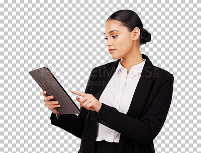 Buy stock photo Business woman, tablet and reading information, human resources software or review job application. Professional employee typing or scroll on digital technology isolated on transparent PNG background