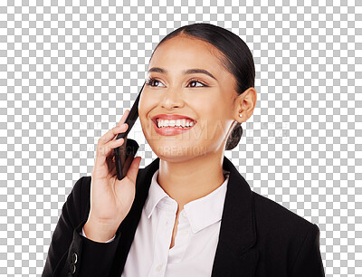 Buy stock photo Business woman, thinking and phone call for communication, networking and job opportunity. Professional worker listening on mobile, with ideas or career vision isolated on transparent, png background