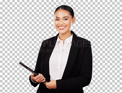 Buy stock photo Tablet, smile and portrait of business woman, worker and employee, notary or consultant. Face, happy professional and tech of lawyer with confidence in Brazil isolated on a transparent png background