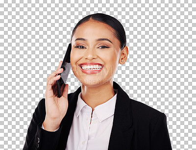 Buy stock photo Business woman, portrait and phone call for communication, networking and happy news or job opportunity. Professional employee listening on mobile for feedback isolated on transparent png background