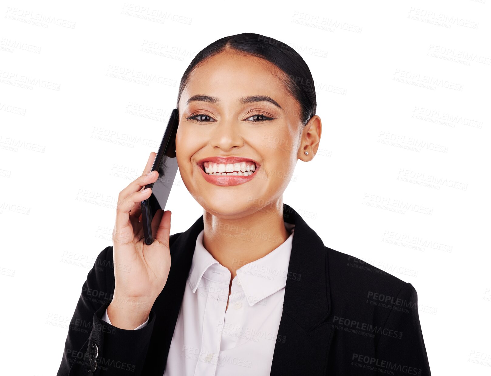 Buy stock photo Business woman, portrait and phone call for communication, networking and happy news or job opportunity. Professional employee listening on mobile for feedback isolated on transparent png background