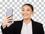 Selfie, business and woman with phone in hand, studio and social media for profile picture and online post. Happy, professional and person with smile for video call or networking on white background 