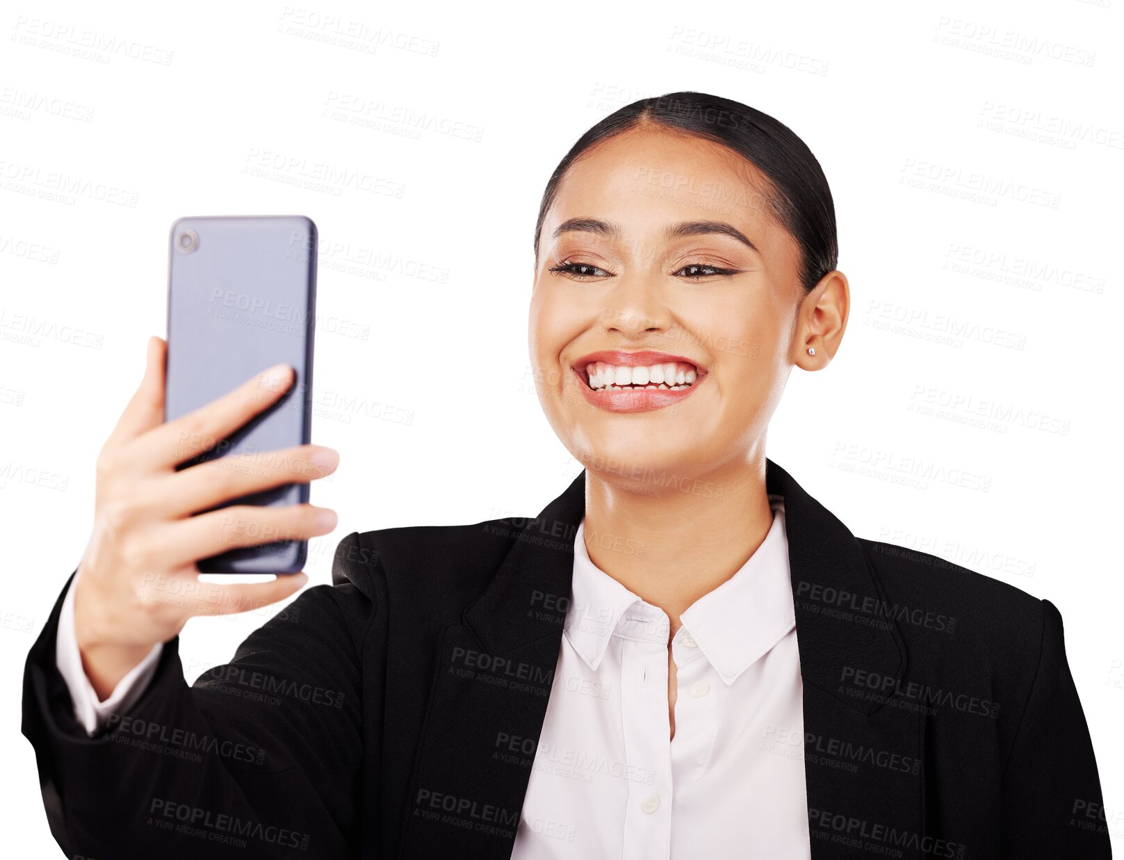 Buy stock photo Smile, selfie or business woman for social media, video call or company profile picture on isolated, transparent or png background. Happy latino person with networking, communication and internet app