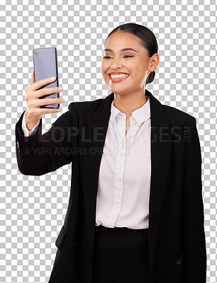 Buy stock photo Happy, selfie or business woman for social media, video call or company profile picture on isolated, transparent or png background. Mexican person smile with networking, communication or internet app