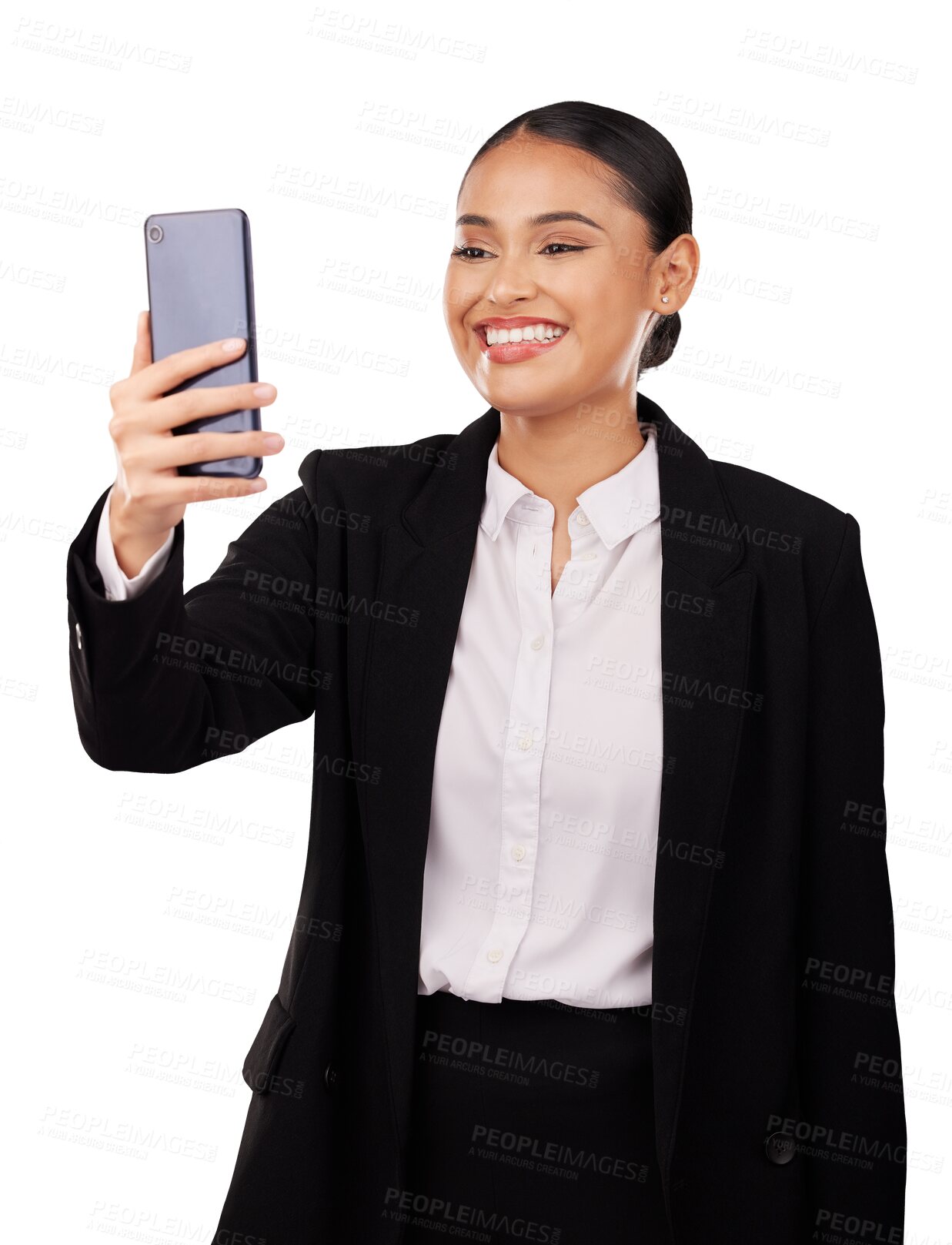 Buy stock photo Happy, selfie or business woman for social media, video call or company profile picture on isolated, transparent or png background. Mexican person smile with networking, communication or internet app