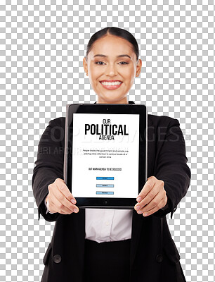 Buy stock photo Happy woman, portrait and tablet with political agenda of lawyer or attorney isolated on a transparent PNG background. Female person or ambassador smile in politics, advertising screen or government