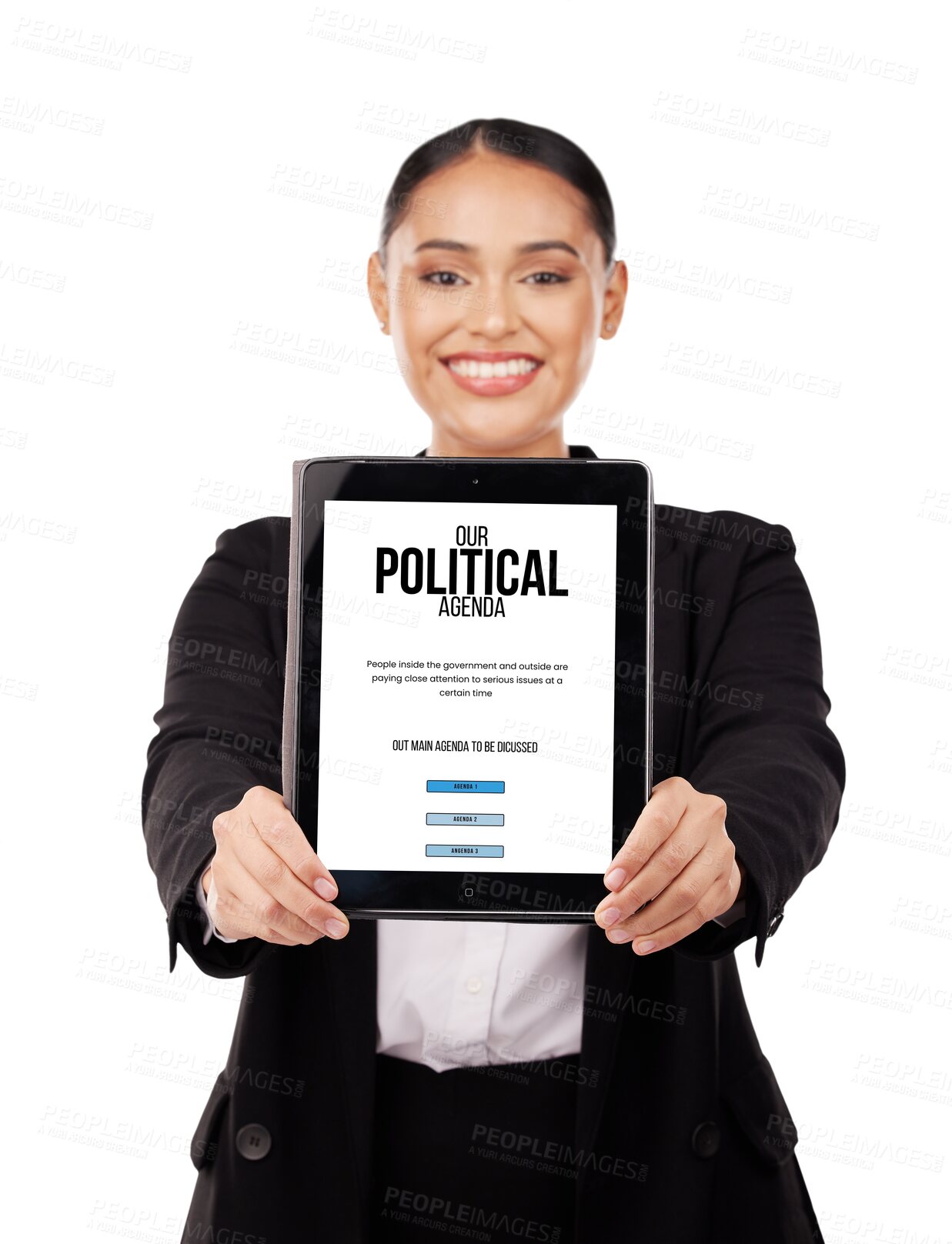 Buy stock photo Happy woman, portrait and tablet with political agenda of lawyer or attorney isolated on a transparent PNG background. Female person or ambassador smile in politics, advertising screen or government