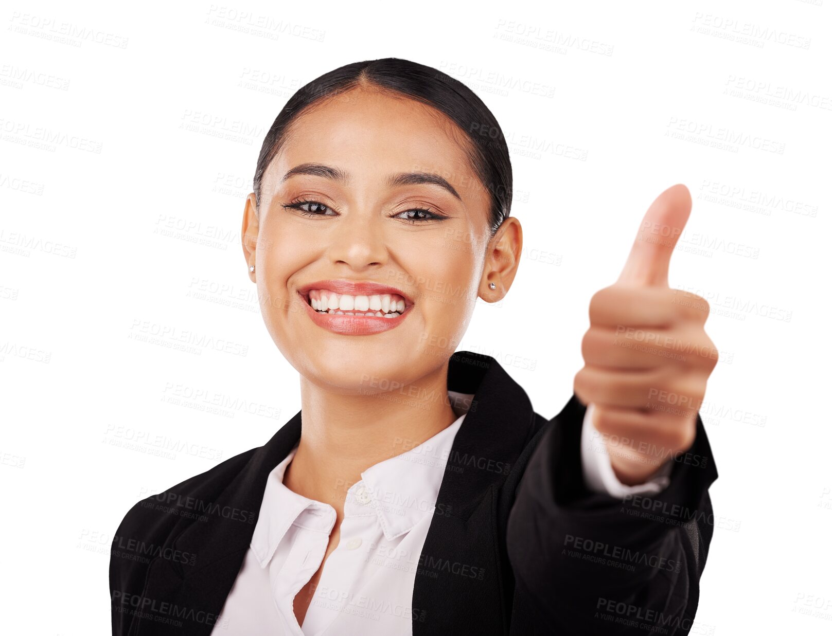 Buy stock photo Business woman, thumbs up and success, achievement or support with like emoji and happy portrait. Face of professional employee or winner with thank you and good job on a transparent, PNG background