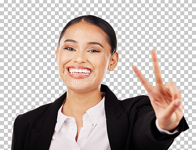 Buy stock photo Happy business woman, portrait and peace sign in career ambition isolated on a transparent PNG background. Face of female person or employee smile with emoji, sign or hand gesture in positive mindset