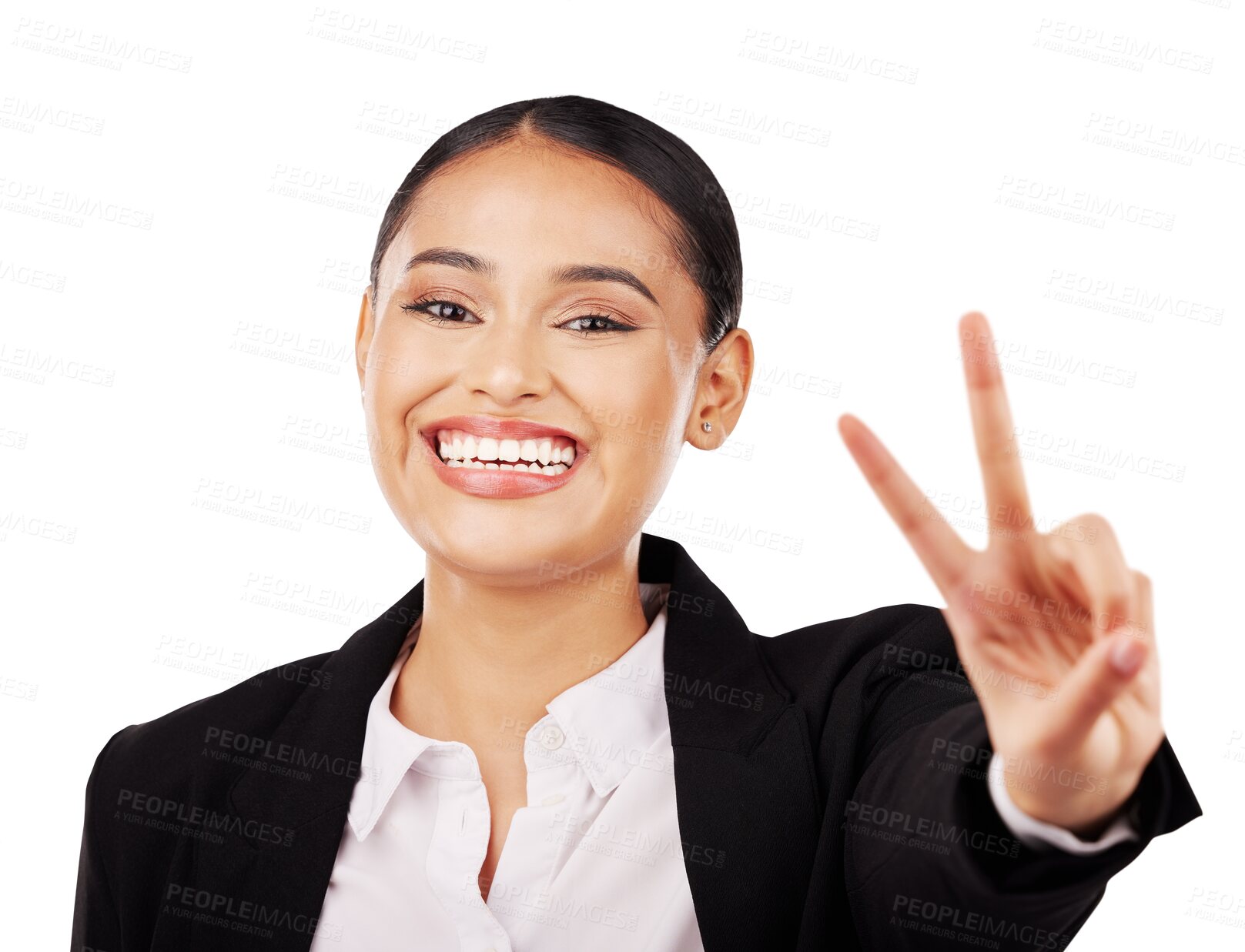 Buy stock photo Happy business woman, portrait and peace sign in career ambition isolated on a transparent PNG background. Face of female person or employee smile with emoji, sign or hand gesture in positive mindset