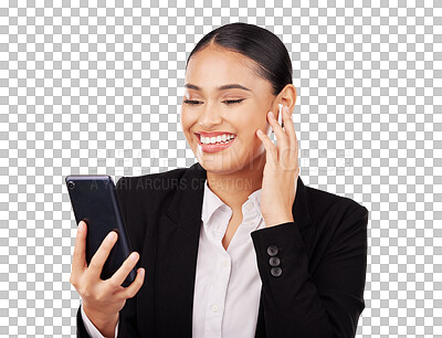 Buy stock photo Smile, phone and video call of a business woman isolated on a transparent PNG background. Female person or employee talking on mobile smartphone with earphones for virtual meeting or communication