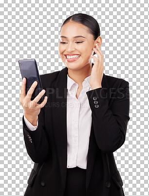 Buy stock photo Business woman, video call and phone for social media isolated on a transparent PNG background. Female person or employee smile on mobile smartphone for virtual meeting, communication or networking