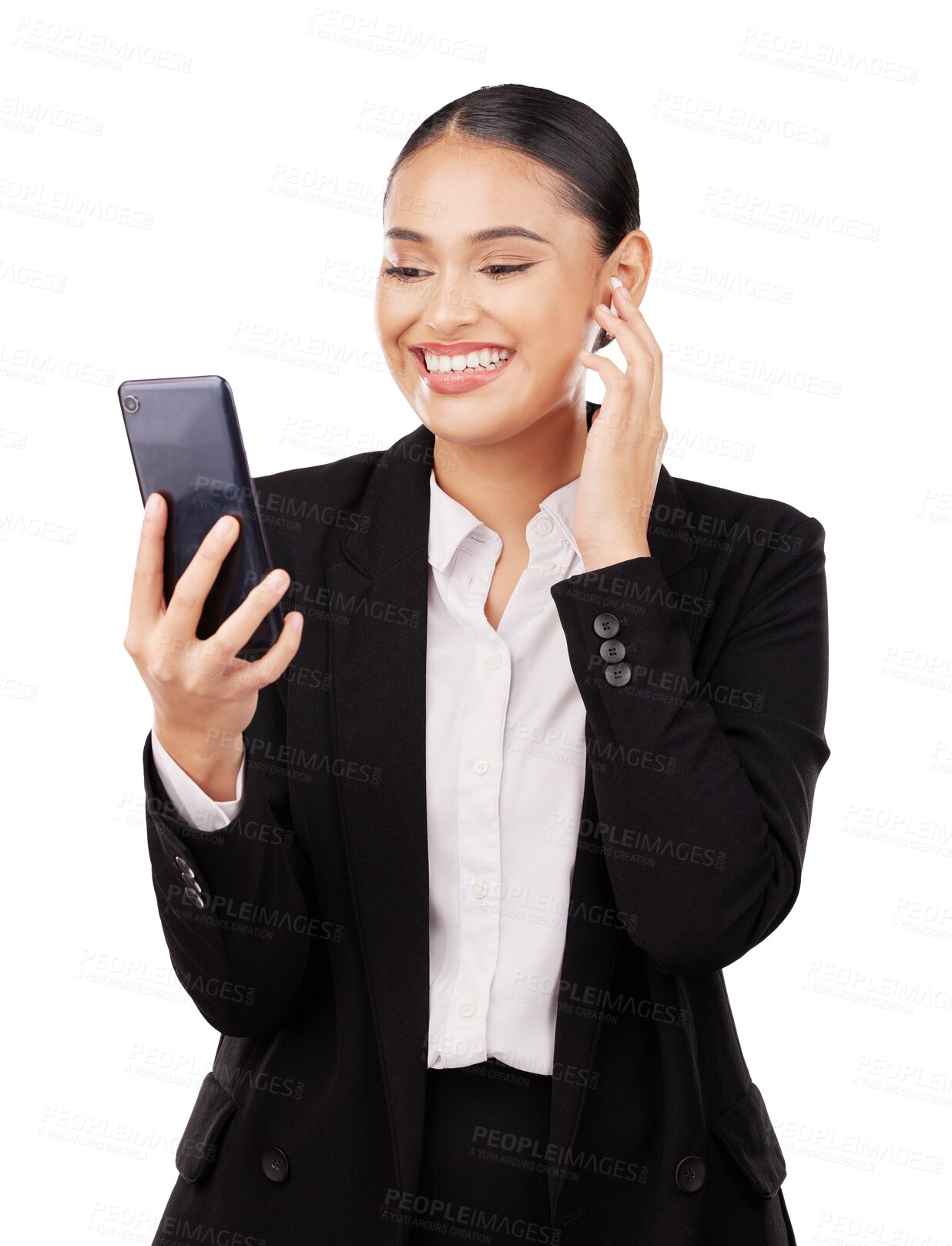 Buy stock photo Business woman, video call and phone for social media isolated on a transparent PNG background. Female person or employee smile on mobile smartphone for virtual meeting, communication or networking