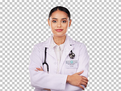 Buy stock photo Woman, portrait and professional doctor with arms crossed in confidence isolated on a transparent PNG background. Confident female person, healthcare or medical expert in medicine with stethoscope