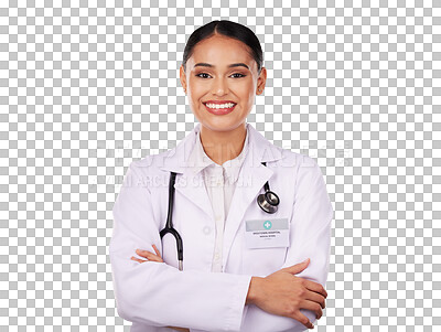 Buy stock photo Happy woman, portrait and professional doctor with arms crossed in confidence isolated on a transparent PNG background. Female person, healthcare or medical expert smile for medicine with stethoscope