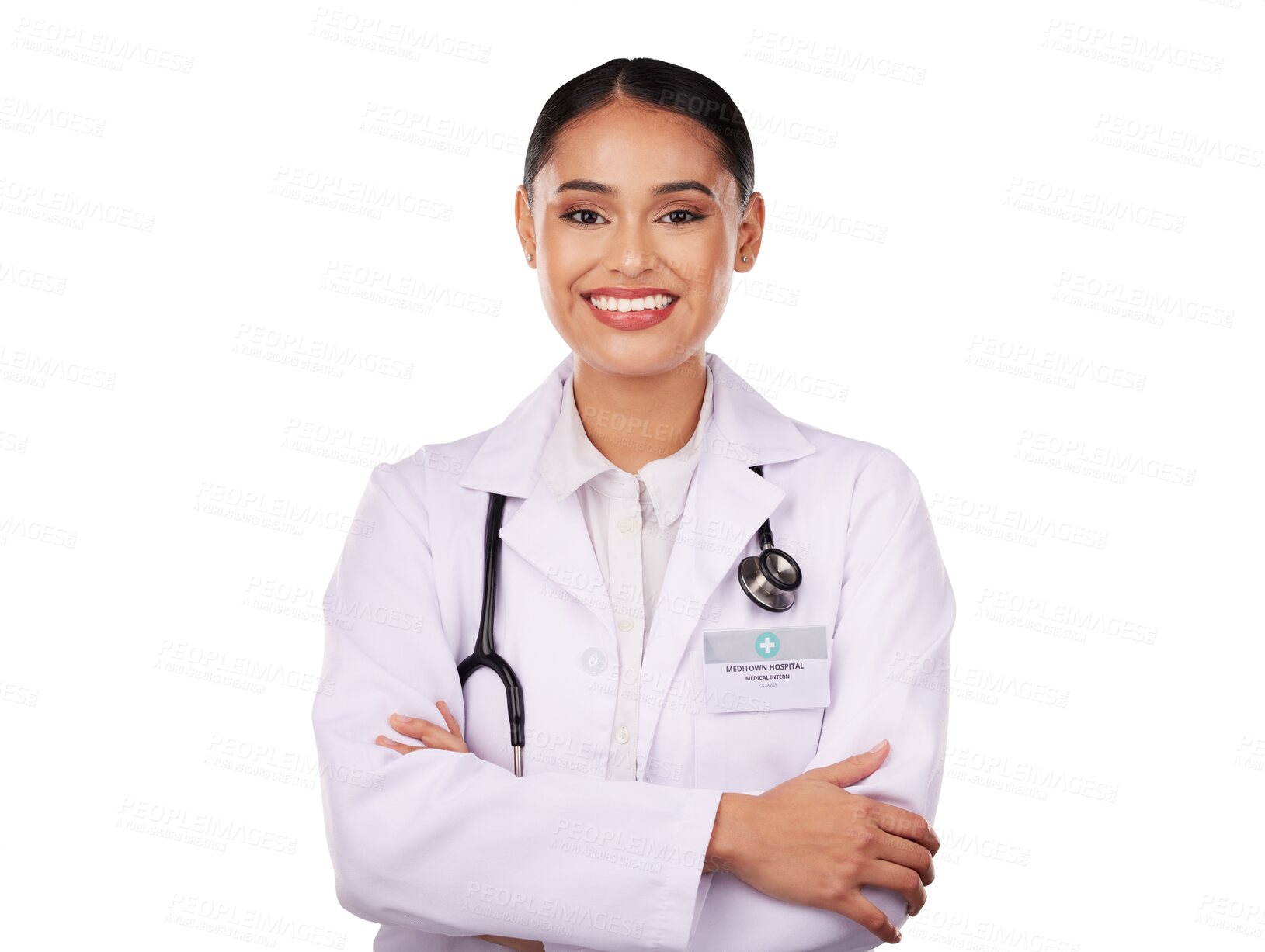 Buy stock photo Happy woman, portrait and professional doctor with arms crossed in confidence isolated on a transparent PNG background. Female person, healthcare or medical expert smile for medicine with stethoscope