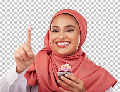 Buy stock photo Portrait, cupcake and icing on finger with a muslim woman and isolated on transparent png background. Face, smile and food with a happy young islamic person eating a dessert, candy and sugar snack