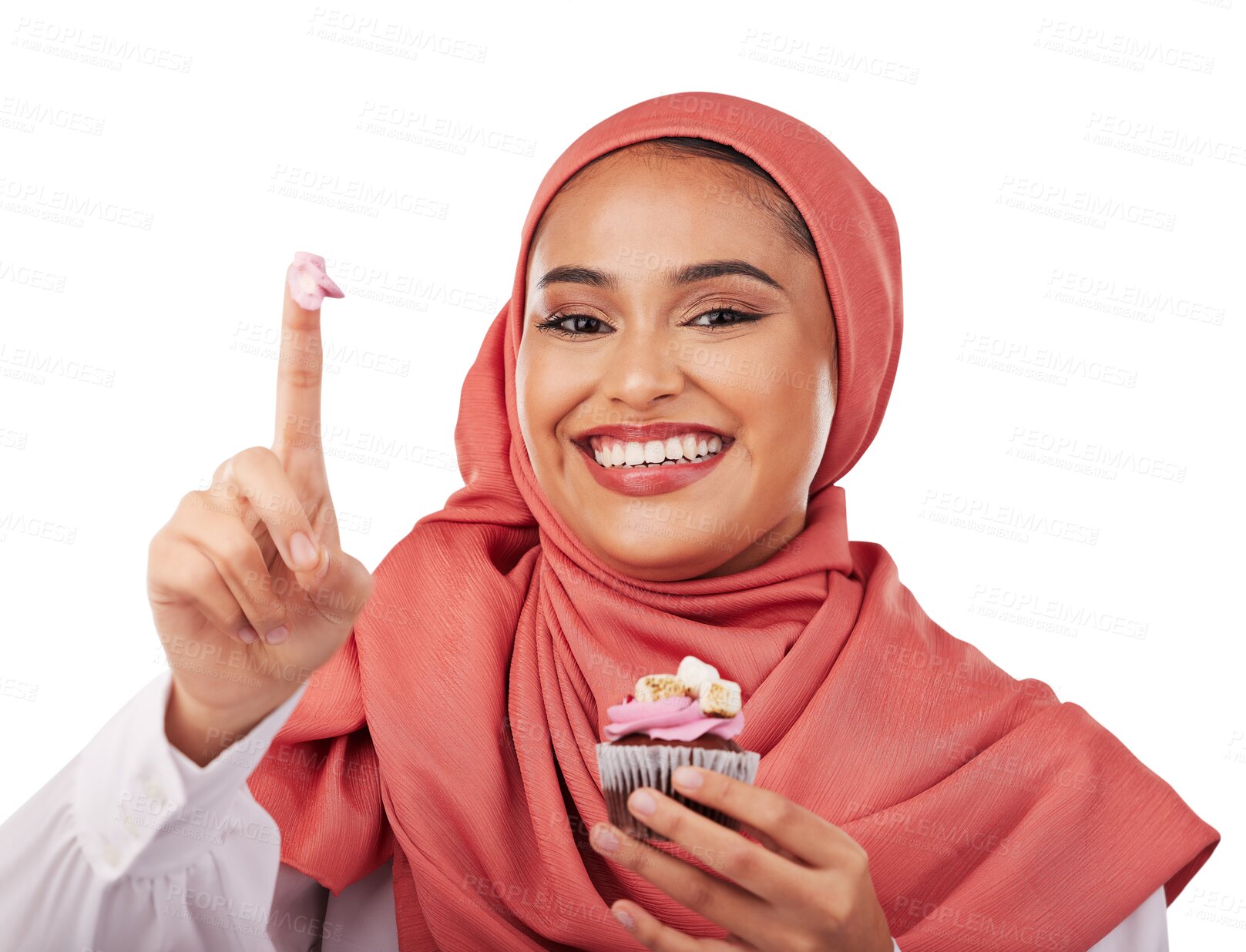 Buy stock photo Portrait, cupcake and icing on finger with a muslim woman and isolated on transparent png background. Face, smile and food with a happy young islamic person eating a dessert, candy and sugar snack