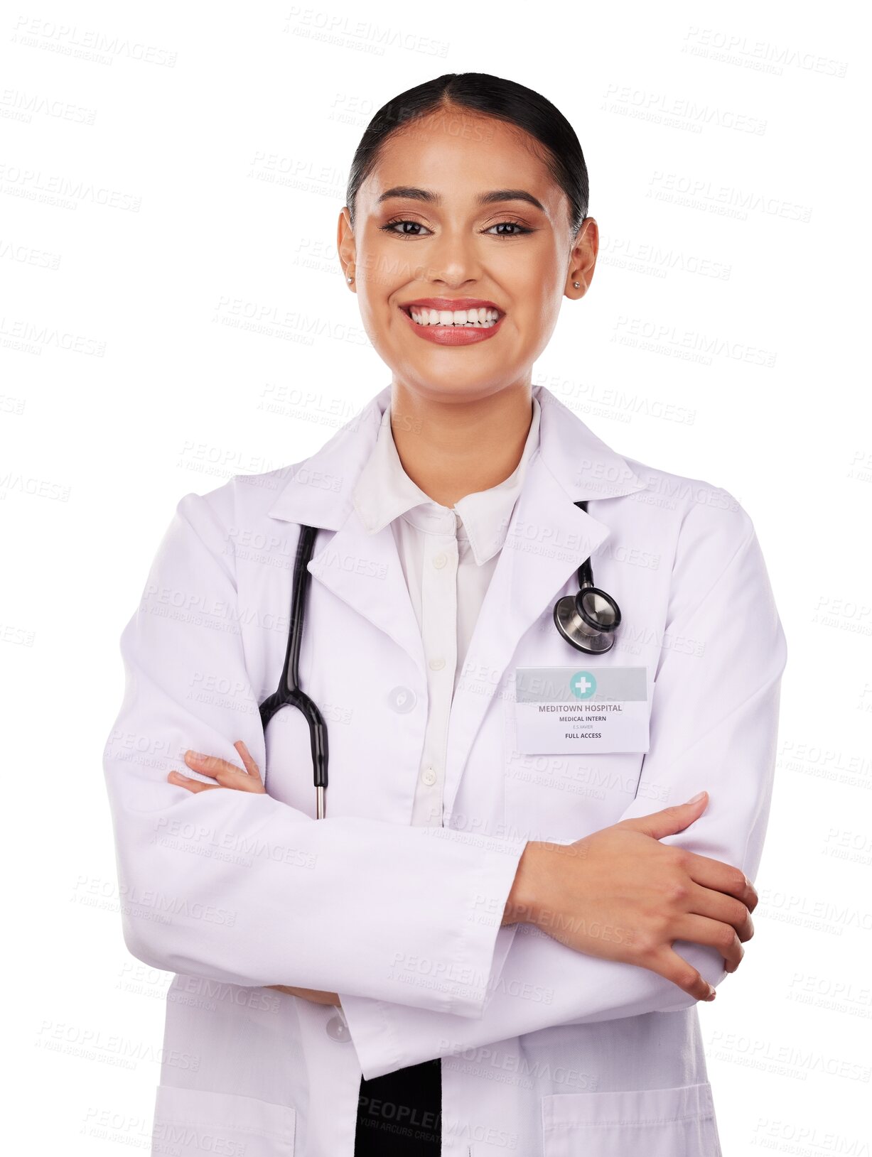 Buy stock photo Happy woman, portrait and professional doctor in confidence with arms crossed isolated on a transparent PNG background. Female person, healthcare or medical expert smile for medicine with stethoscope