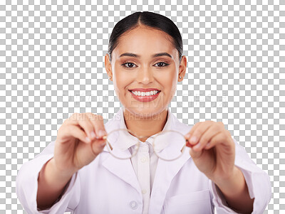 Buy stock photo Eye care, woman giving glasses and optometrist with vision, test frame or lens isolated on a transparent png background. Prescription eyewear, happy portrait and medical, ophthalmology or health exam