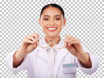 Buy stock photo Eye care, hands of woman with glasses and optometrist, vision or test frame isolated on transparent png background. Prescription, ophthalmologist giving eyewear closeup or medical lens in health exam