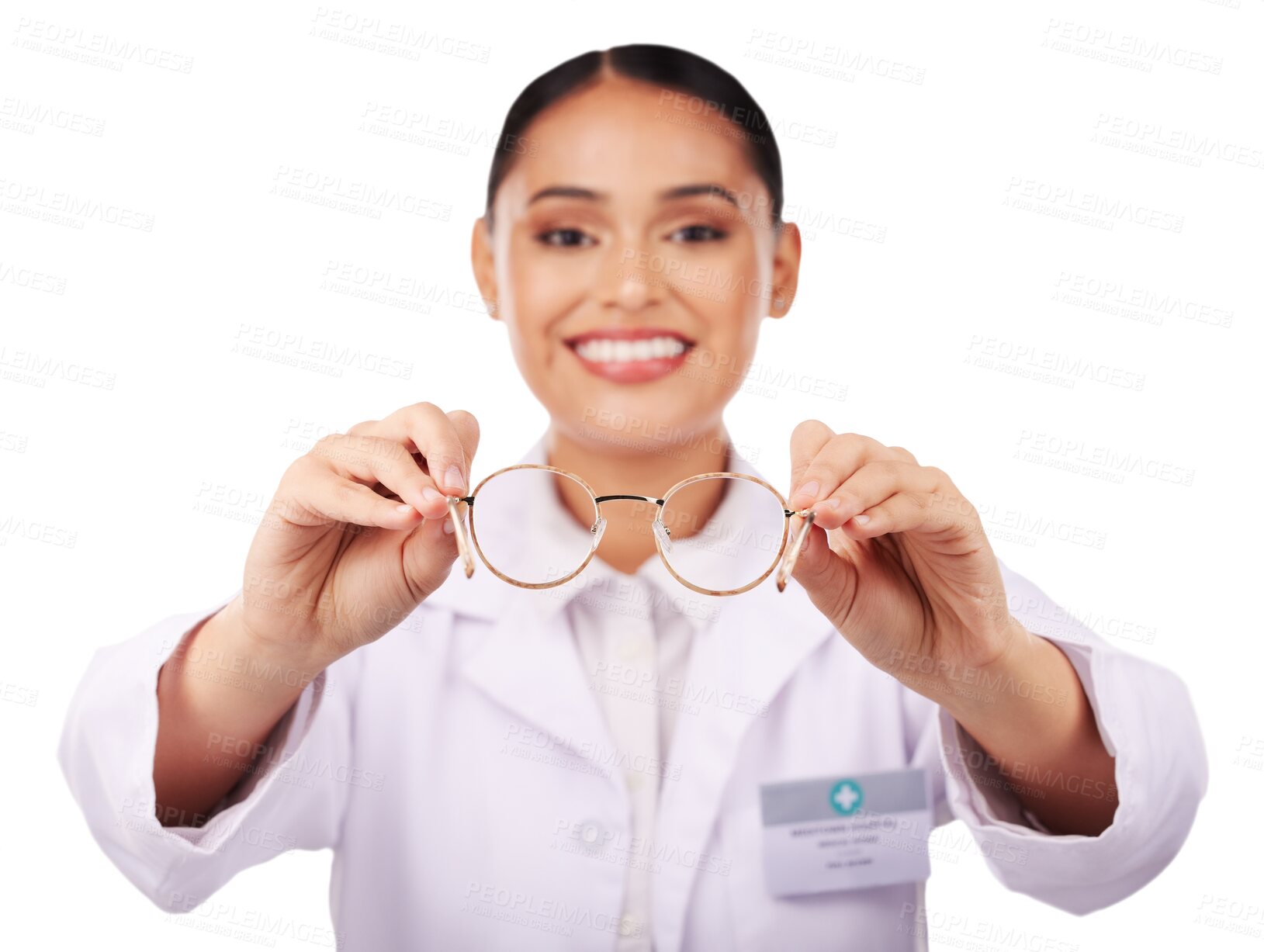 Buy stock photo Eye care, hands of woman with glasses and optometrist, vision or test frame isolated on transparent png background. Prescription, ophthalmologist giving eyewear closeup or medical lens in health exam