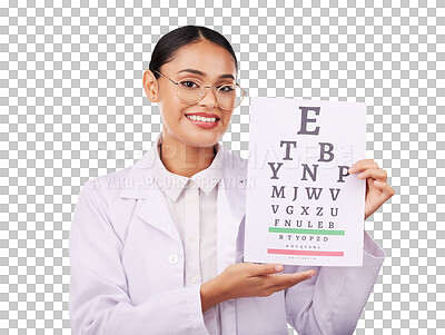 Woman, portrait and chart in eye exam, letter or vision of optometrist in healthcare or sight against a studio background. Happy doctor smile with glasses in optometry assessment, diagnosis or test