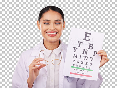 Portrait, glasses and eye test with a woman optician in studio on a gray background for vision or eyesight. Face, smile and a happy young doctor in a clinic or optometry office for a medical exam