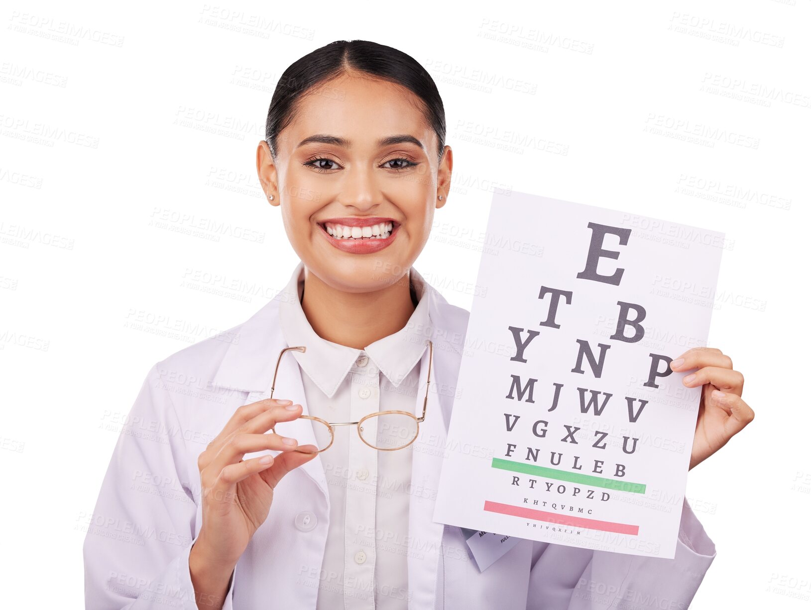 Buy stock photo Portrait, glasses and eye test of woman, optometrist and isolated on transparent png background. Face, smile and ophthalmologist with snellen chart for medical exam, vision text or eyesight of doctor